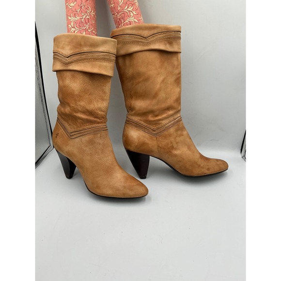 Frye Simone Cuff Boots 10M Tan Leather Heeled Mid Calf 77464 Almond Toe - Picture 3 of 15